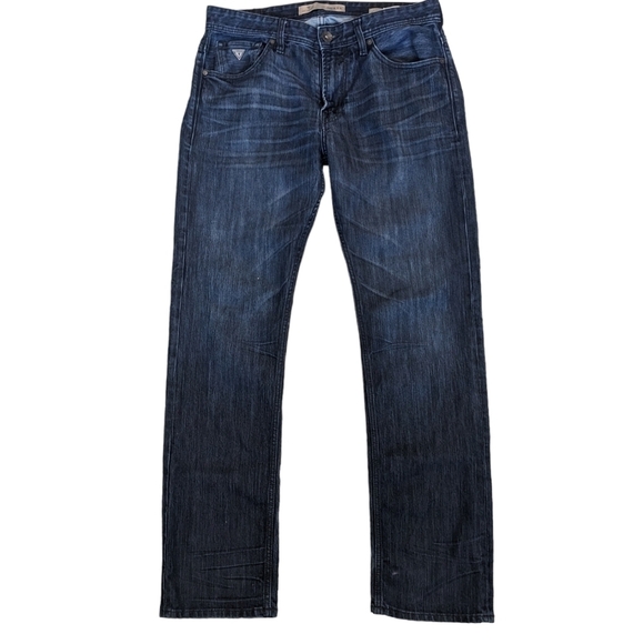 Guess jeans gently worn. Size 32.  Dark blue denim.  Regular straight leg. - Picture 2 of 6